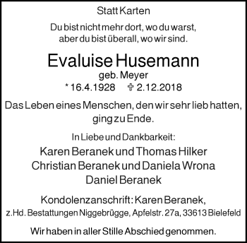 Traueranzeige von Evaluise Husemann von Neue Westfälische
