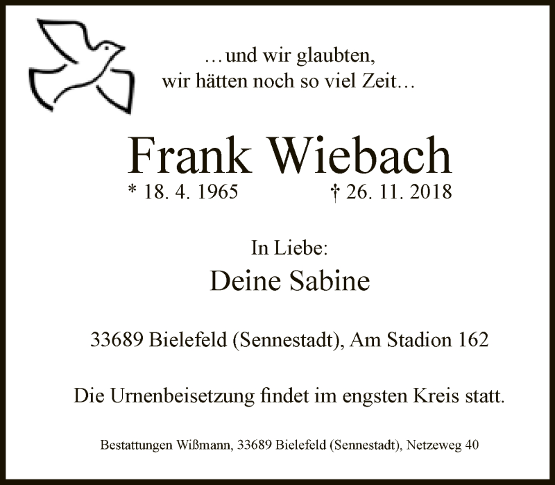  Traueranzeige für Frank Wiebach vom 01.12.2018 aus Neue Westfälische