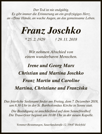 Traueranzeige von Franz Joschko von Neue Westfälische