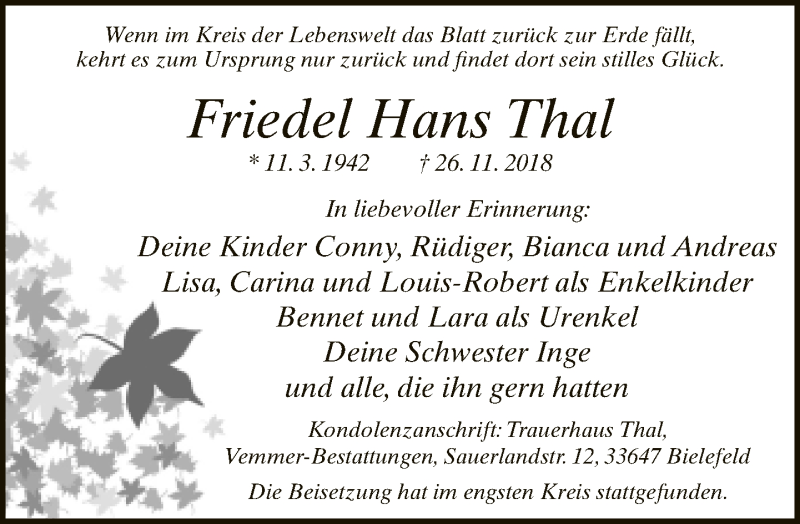  Traueranzeige für Friedel Hans Thal vom 15.12.2018 aus Neue Westfälische