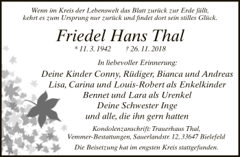 Traueranzeige von Friedel Hans Thal von Neue Westfälische