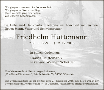 Traueranzeige von Friedhelm Hüttemann von Neue Westfälische