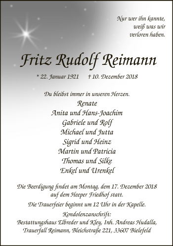 Traueranzeige von Fritz Ludolf Reimann von Neue Westfälische