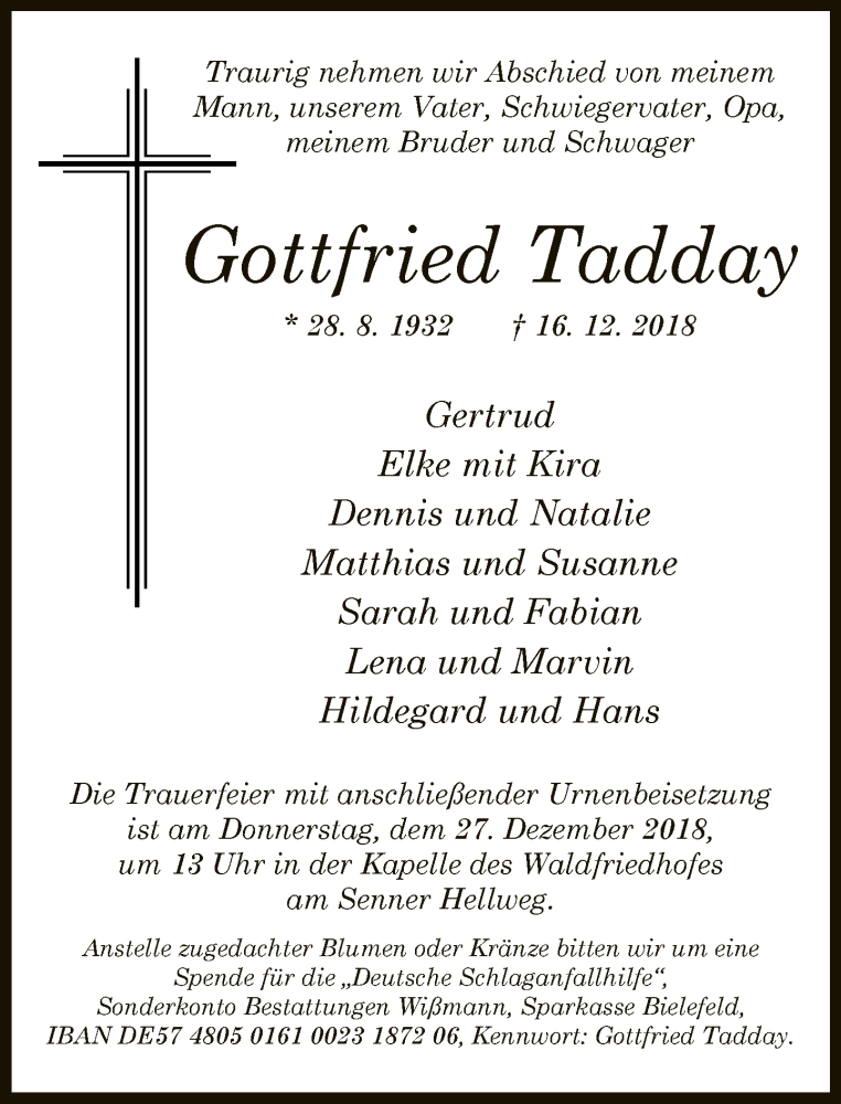  Traueranzeige für Gottfried Tadday vom 19.12.2018 aus Neue Westfälische
