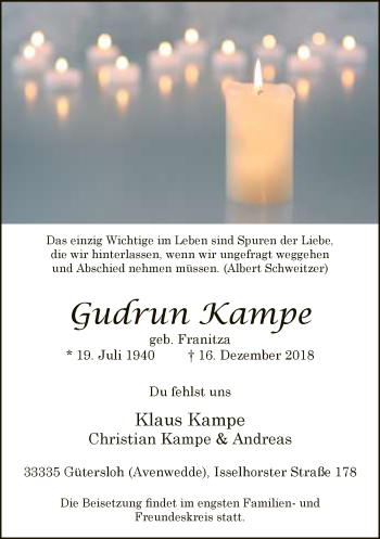 Traueranzeige von Gudrun Kampe von Neue Westfälische