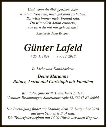 Traueranzeige von Günter Lafeld von Neue Westfälische