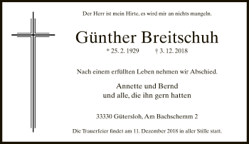 Traueranzeige von Günther Breitschuh von Neue Westfälische