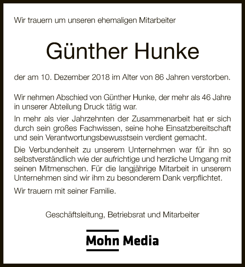  Traueranzeige für Günther Hunke vom 17.12.2018 aus Neue Westfälische