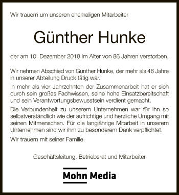 Traueranzeige von Günther Hunke von Neue Westfälische