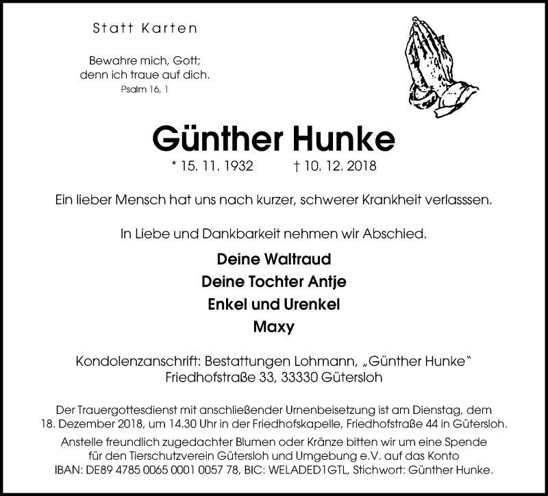  Traueranzeige für Günther Hunke vom 14.12.2018 aus Neue Westfälische