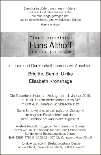 Traueranzeige von Hans Althoff von Neue Westfälische