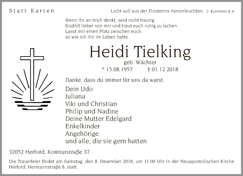  Traueranzeige für Heidi Tielking vom 05.12.2018 aus Neue Westfälische