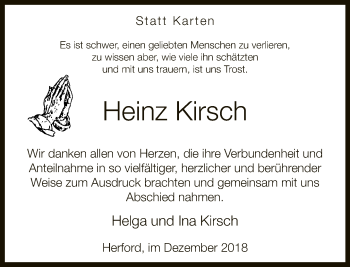 Traueranzeige von Heinz Kirsch von Neue Westfälische