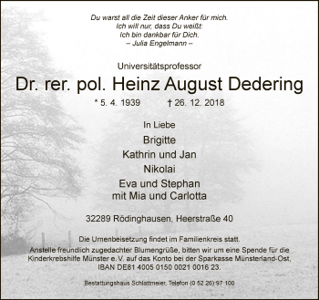 Traueranzeige von Heinz August Dedering von Neue Westfälische