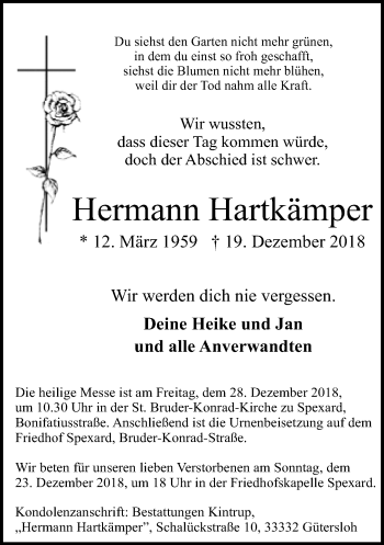 Traueranzeige von Hermann Hartkämper von Neue Westfälische