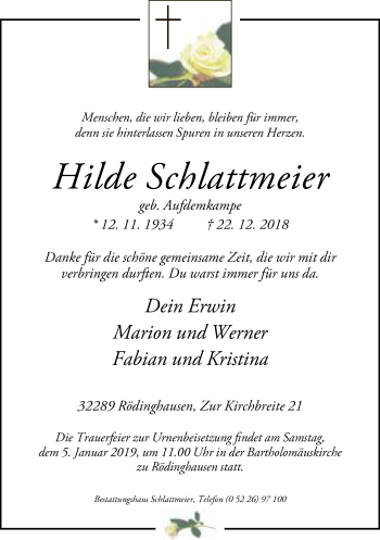Traueranzeige von Hilde Schlattmeier von Neue Westfälische
