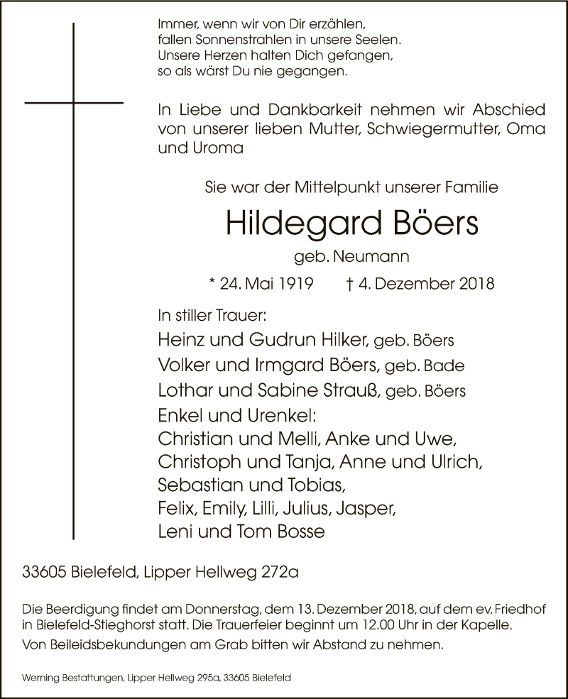  Traueranzeige für Hildegard Böers vom 08.12.2018 aus Neue Westfälische