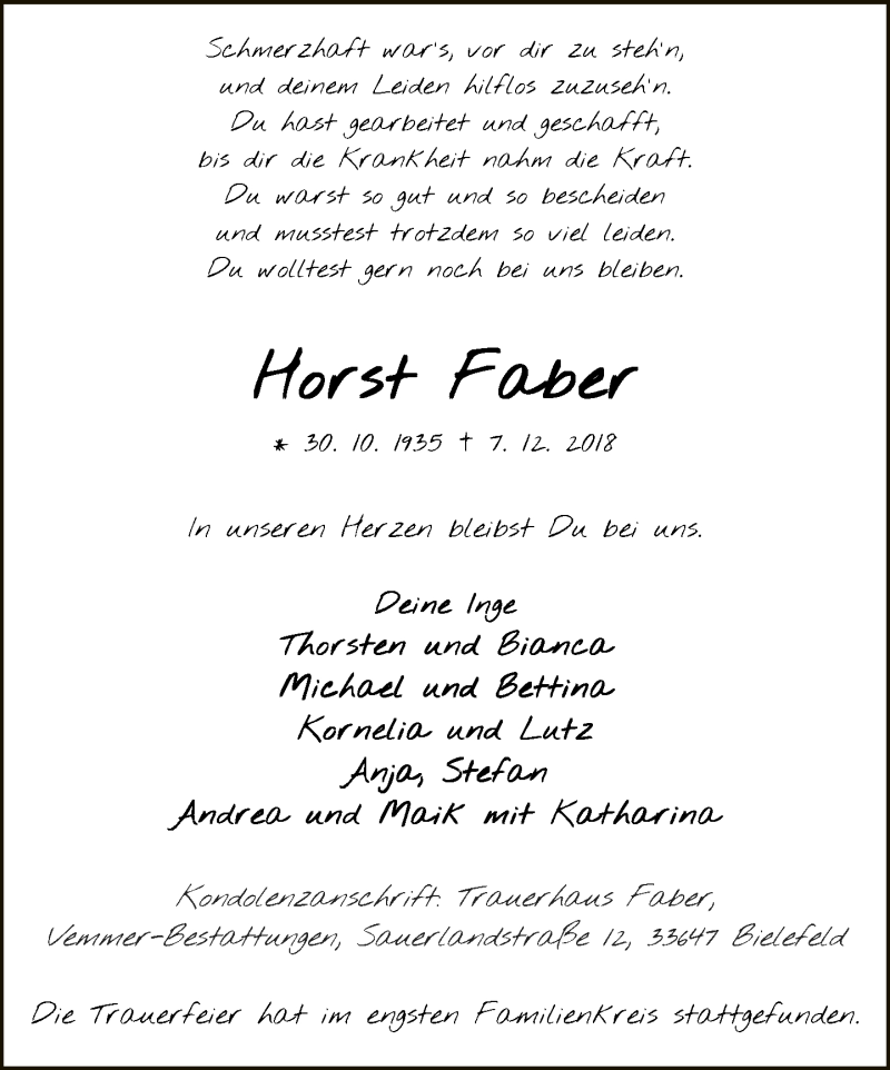 Traueranzeige für Horst Faber vom 15.12.2018 aus Neue Westfälische