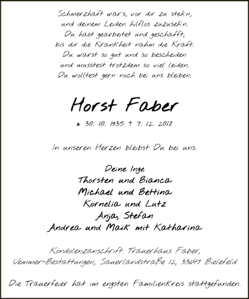 Traueranzeige von Horst Faber von Neue Westfälische