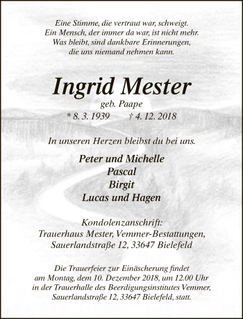 Traueranzeige von Ingrid Mester von Neue Westfälische