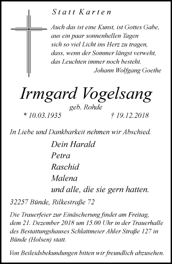 Traueranzeige von Irmgard Vogelsang von Neue Westfälische