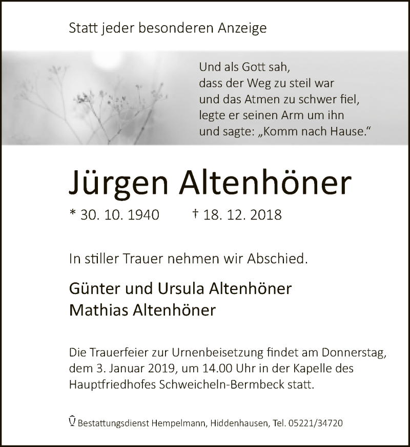  Traueranzeige für Jürgen Altenhöner vom 29.12.2018 aus Neue Westfälische