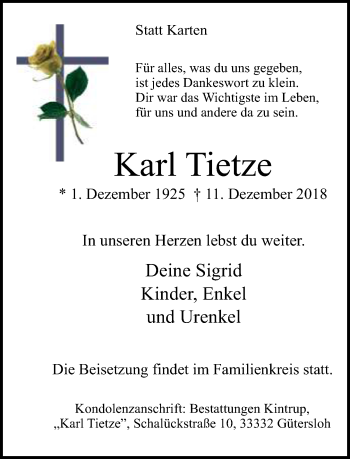 Traueranzeige von Karl Tietze von Neue Westfälische