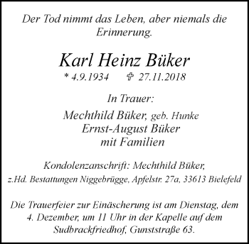 Traueranzeige von Karl Heinz Büker von Neue Westfälische