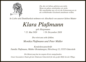 Traueranzeige von Klara Plaßmann von Neue Westfälische