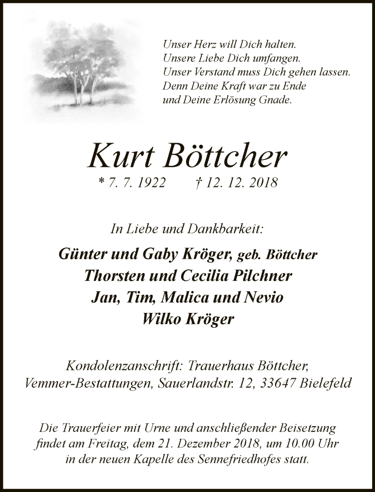  Traueranzeige für Kurt Böttcher vom 15.12.2018 aus Neue Westfälische
