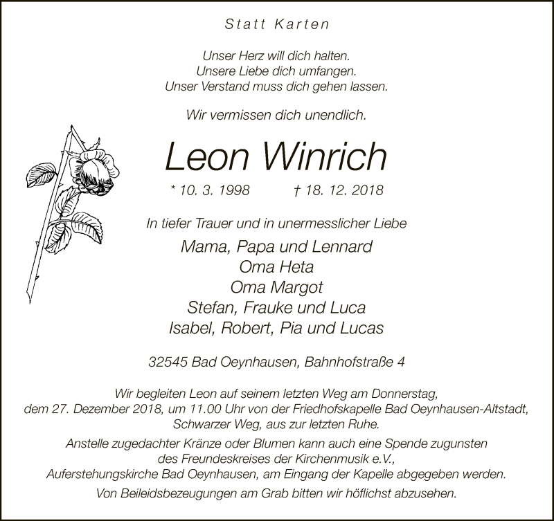  Traueranzeige für Leon Winrich vom 22.12.2018 aus Neue Westfälische
