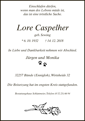 Traueranzeige von Lore Caspelher von Neue Westfälische