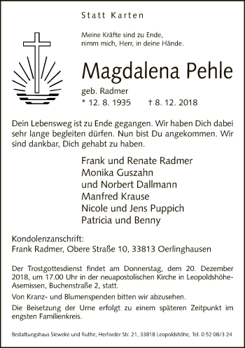 Traueranzeige von Magdalena Pehle