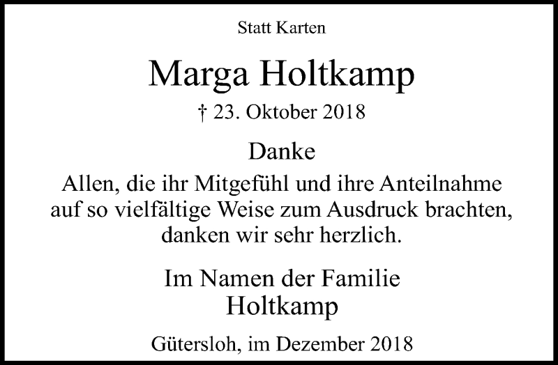  Traueranzeige für Marga Holtkamp vom 08.12.2018 aus Neue Westfälische