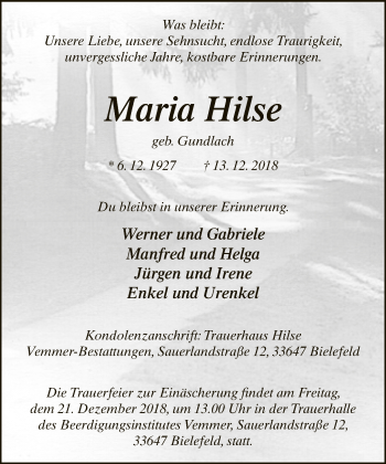 Traueranzeige von Maria Hilse von Neue Westfälische
