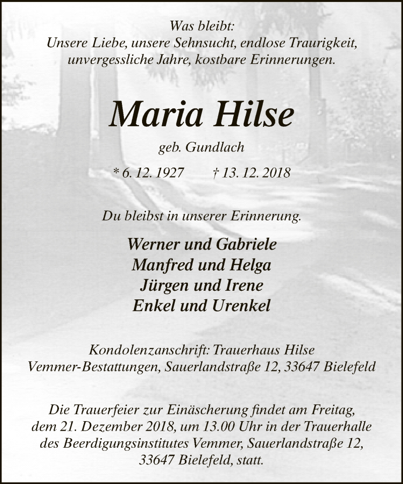  Traueranzeige für Maria Hilse vom 15.12.2018 aus Neue Westfälische