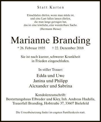 Traueranzeige von Marianne Branding von Neue Westfälische