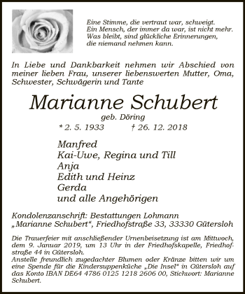 Traueranzeige von Marianne Schubert von Neue Westfälische