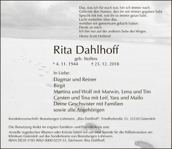 Traueranzeige von Rita Dahlhoff von Neue Westfälische