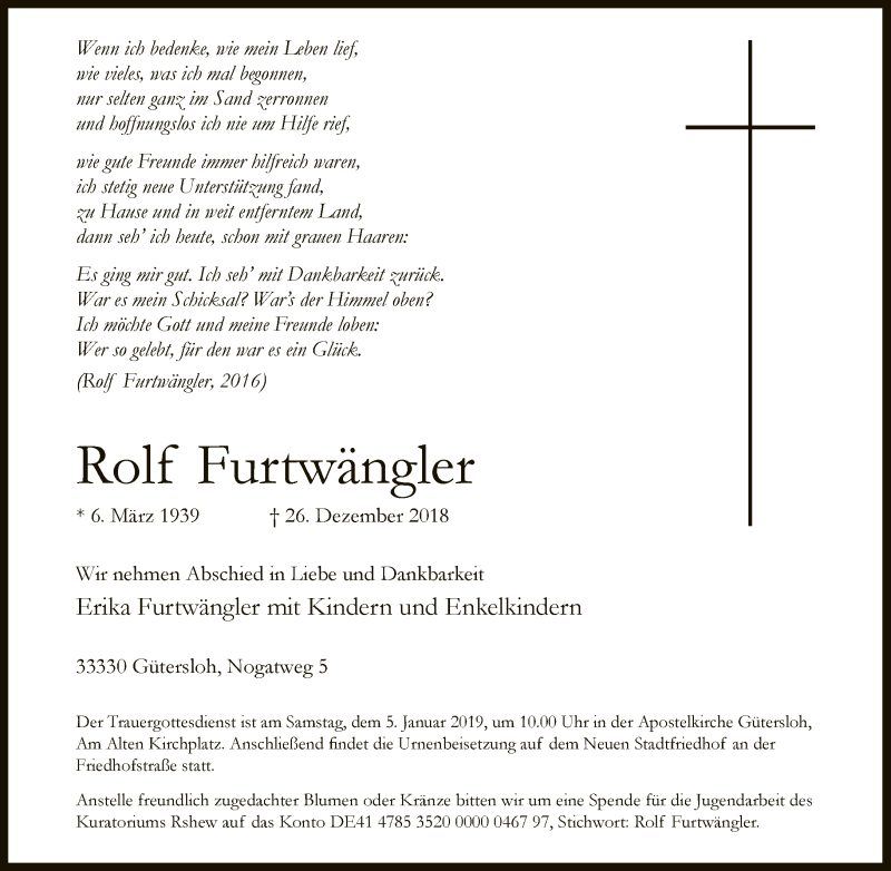  Traueranzeige für Rolf Furtwängler vom 29.12.2018 aus Neue Westfälische