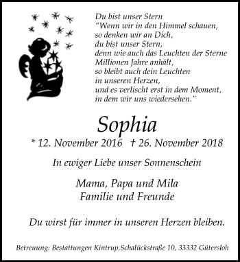 Traueranzeige von Sophia  von Neue Westfälische