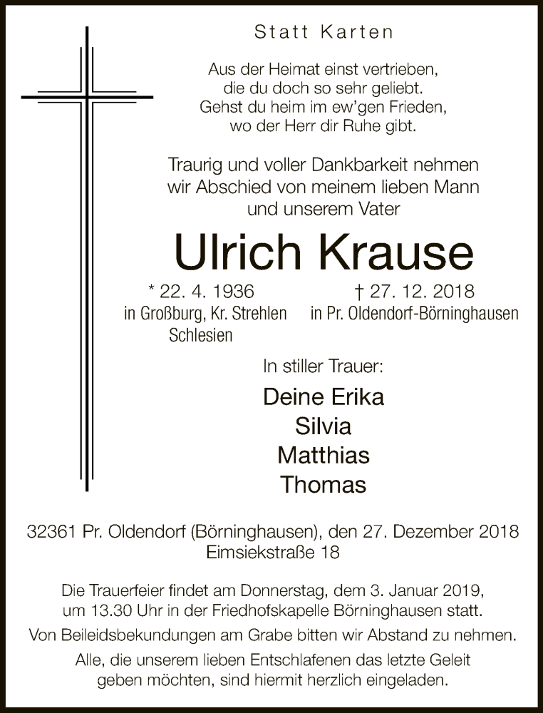  Traueranzeige für Ulrich Krause vom 29.12.2018 aus Neue Westfälische