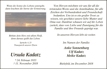 Traueranzeige von Ursula Kadatz von Neue Westfälische