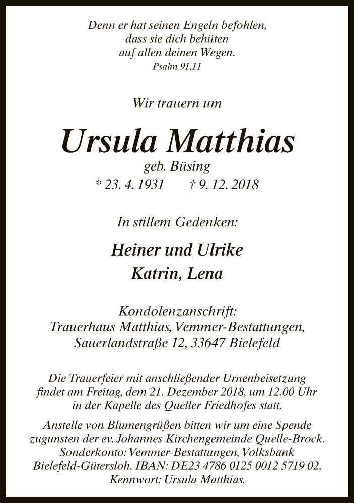  Traueranzeige für Ursula Matthias vom 13.12.2018 aus Neue Westfälische