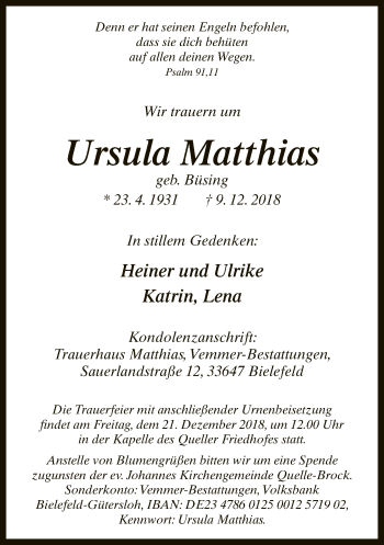 Traueranzeige von Ursula Matthias von Neue Westfälische