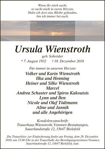 Traueranzeige von Ursula Wienstroth von Neue Westfälische