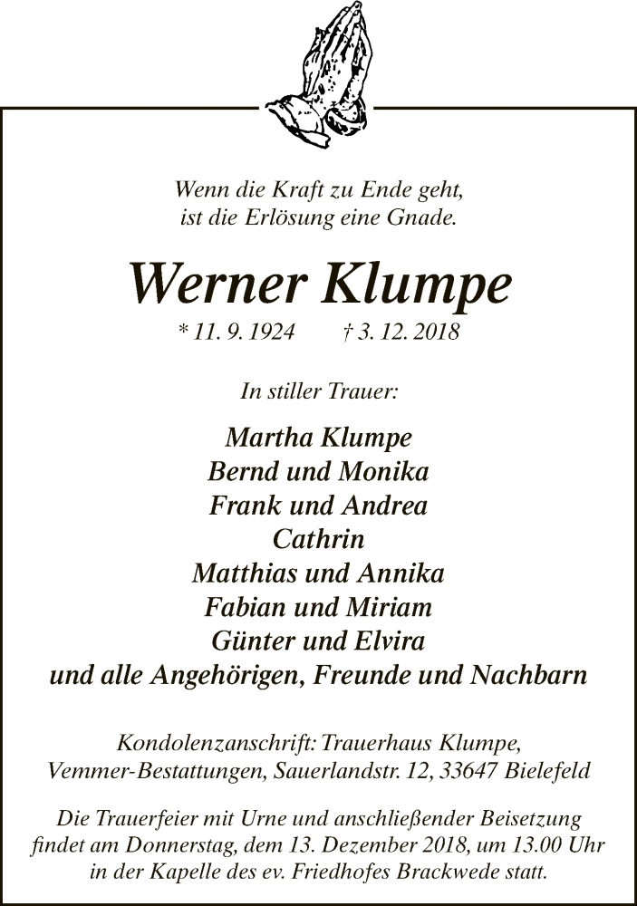  Traueranzeige für Werner Klumpe vom 08.12.2018 aus Neue Westfälische
