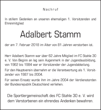 Traueranzeige von Adalbert Stamm von Neue Westfälische