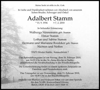 Traueranzeige von Adalbert Stamm von Neue Westfälische