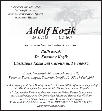 Traueranzeige von Adolf Kozik von Neue Westfälische